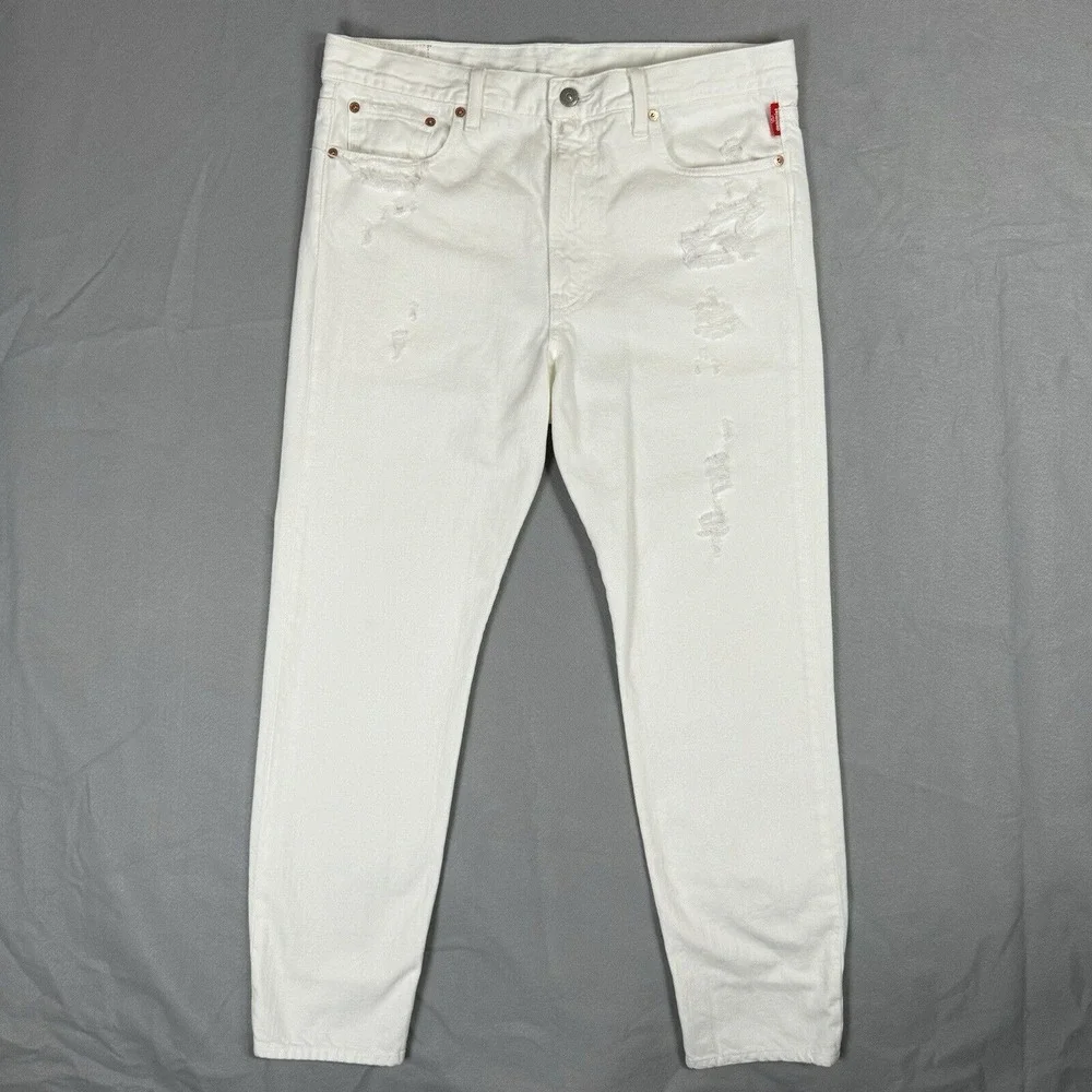 Denimist High Rise Distressed White Jeans Size 32 Pleated Ankle Hem R-132018‎